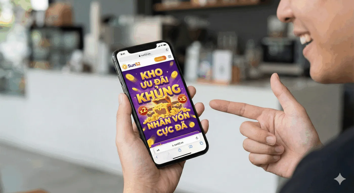 Khuyến Mãi Sun52 - Cách Đọc Điều Kiện Ưu Đãi An Toàn 1 Người cầm điện thoại hiển thị Sun52 với chữ Kho ưu đãi khủng và nhận vốn cực đã